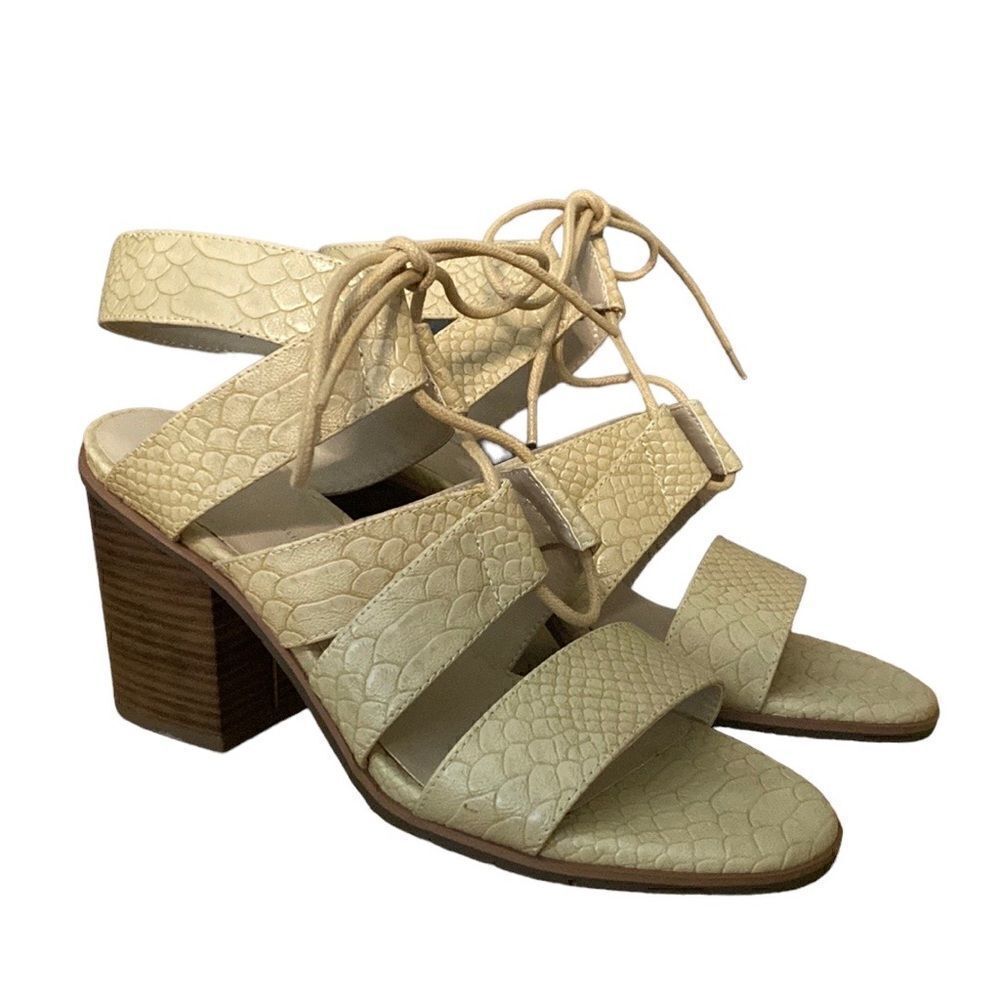 BC Born In California Lace Up Vegan Heel Taupe Tan Faux Snakeskin